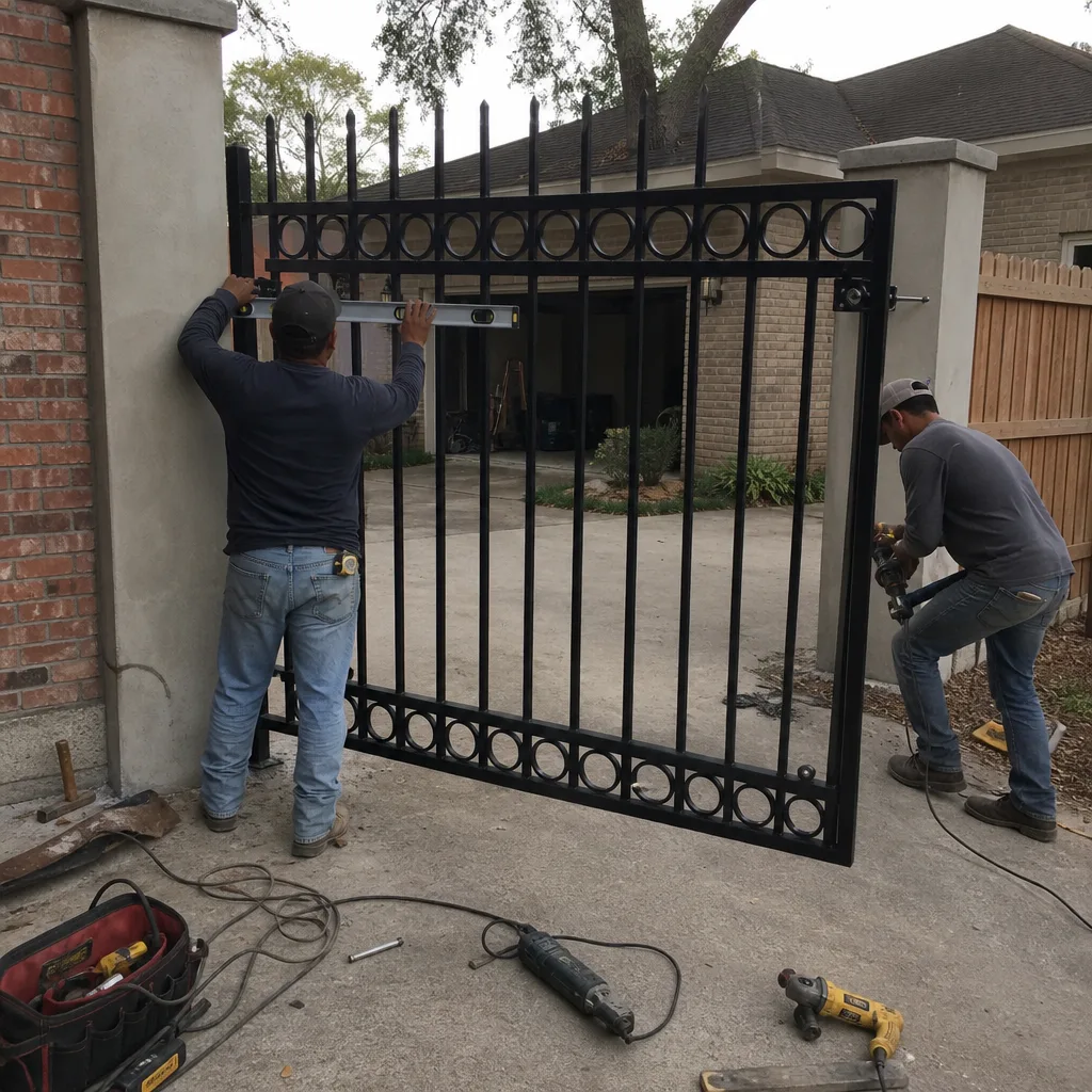 Two technicians installing a professional black metal driveway gate