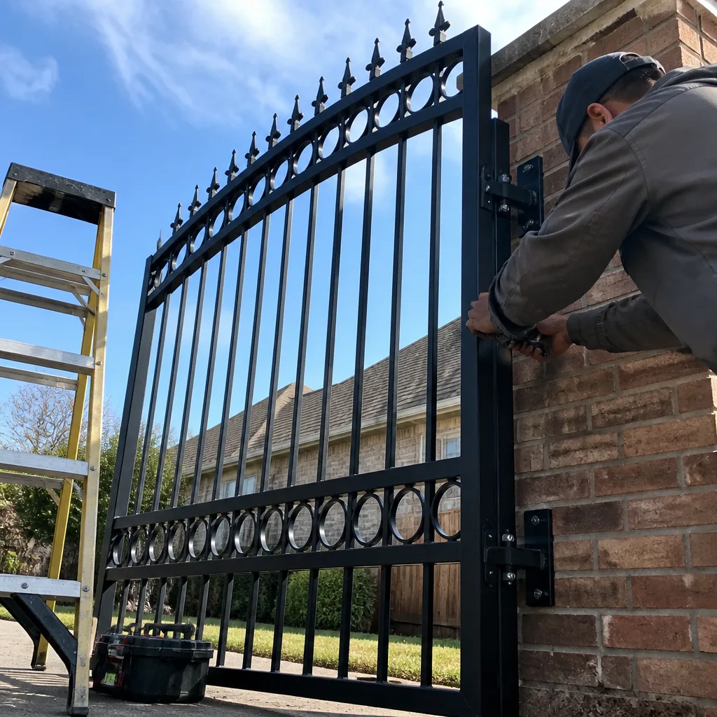 Professional technician installing a black metal gate on a brick pillar