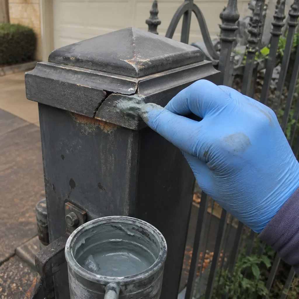 professional hand applying repair compound to a damaged metal gate post
