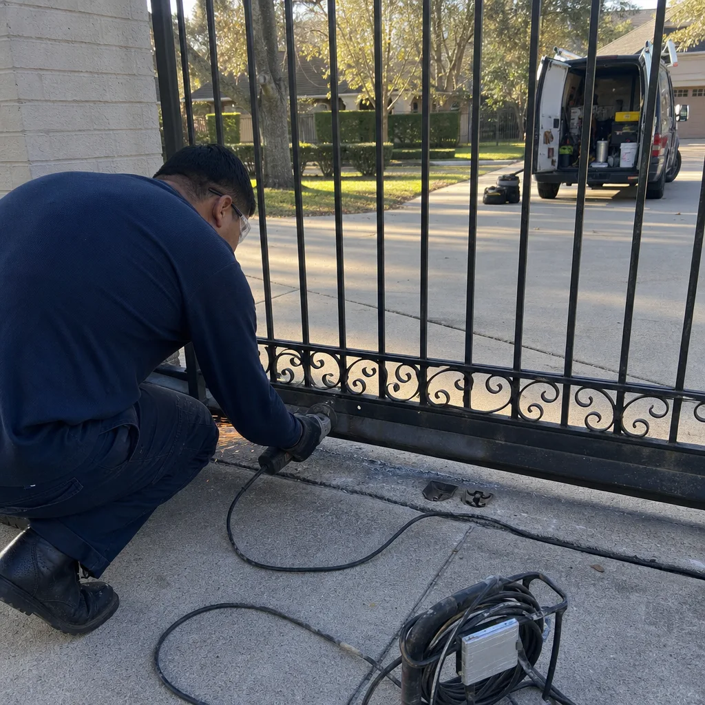 Technician performing professional metal gate repair with an angle grinder