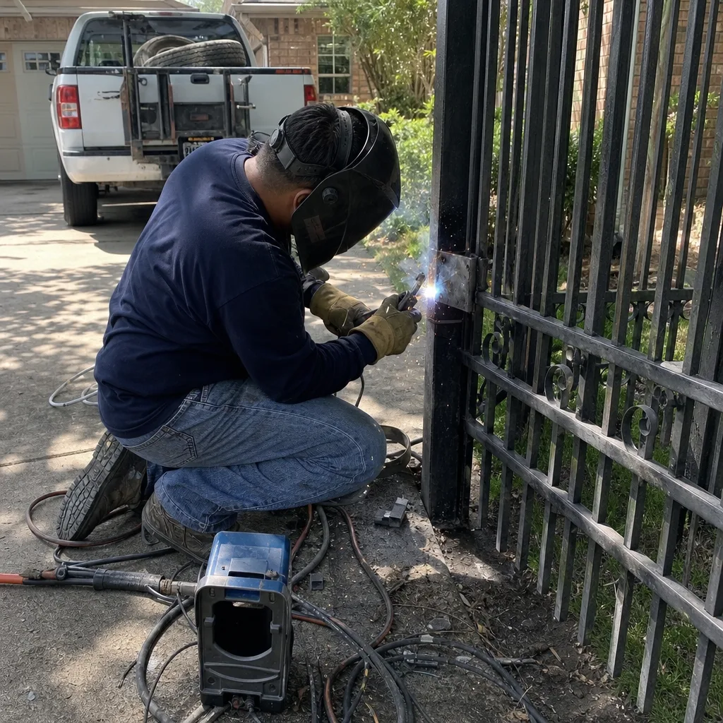 Professional welder performing residential gate repair and metalwork maintenance